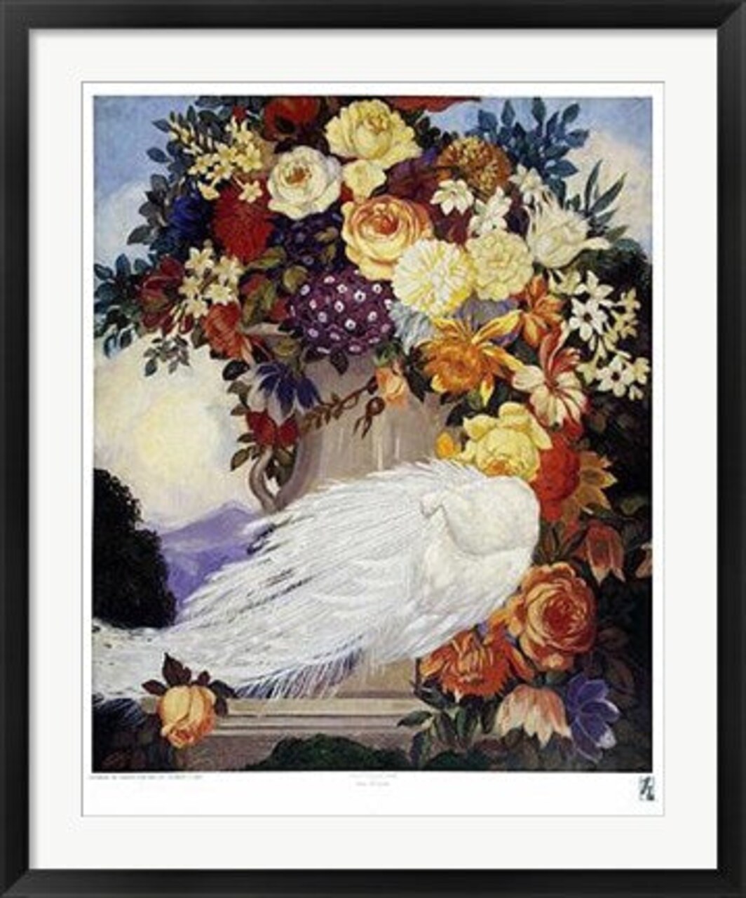 Framed Art White Peacock & Flowers by Jessie Arms Botke 32 x 25 1/2